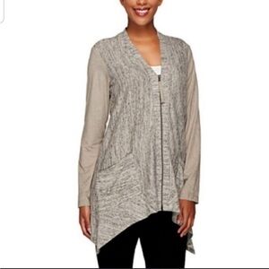 LOGO By Lori Goldstein Shark Bite Cardigan L Faux Suede Sleeves Full Zip Pockets